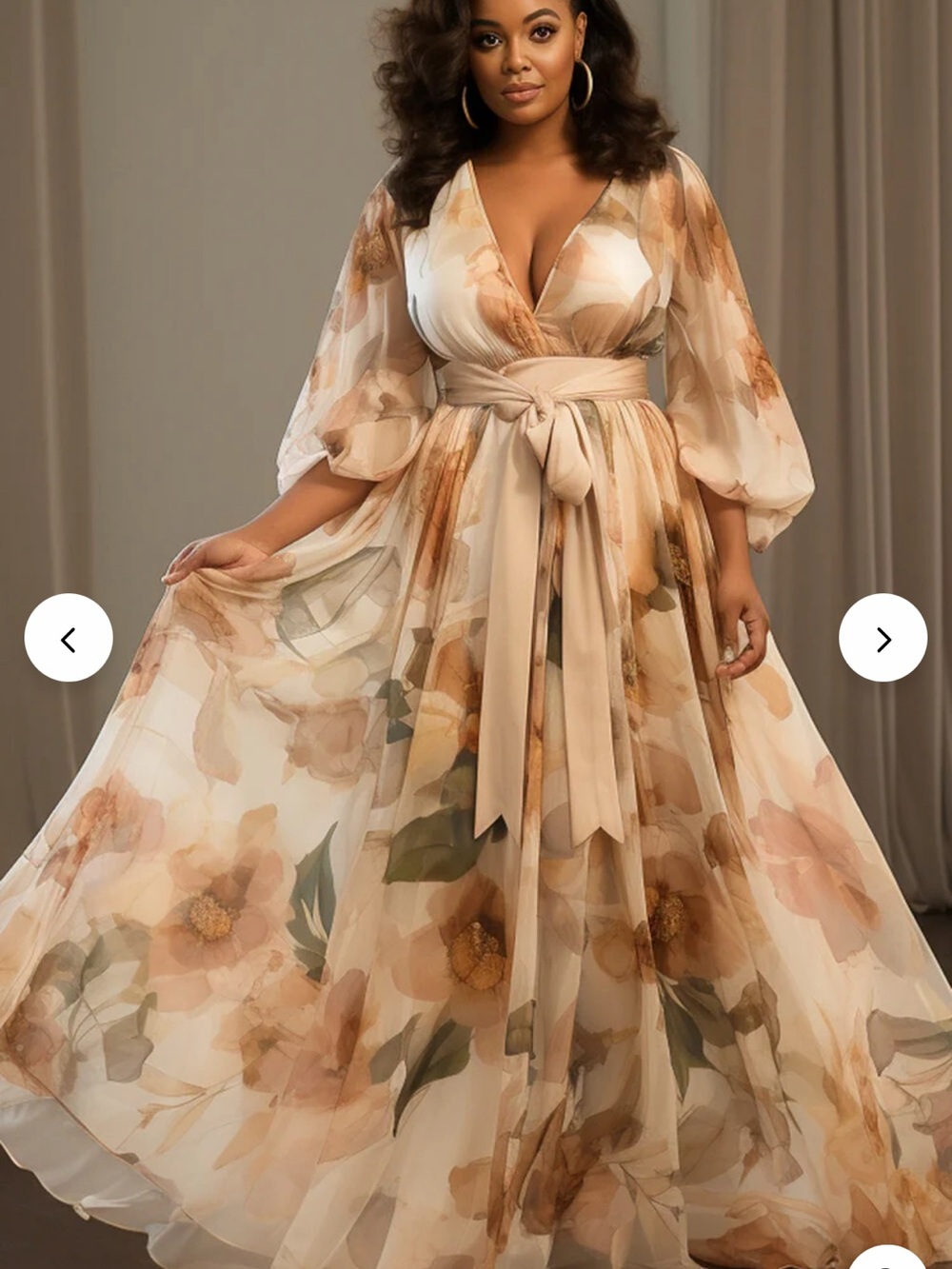 Flowing Floral Wrap Maxi Dress in Cream and Tan by